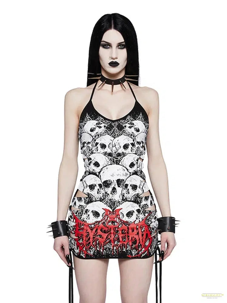 Goth Dark Goth Skull Print Dress Women Streetwear Punk Hollow Out High Waist Halter Bodycon Dress Harajuku Y2k Clubwear Femme