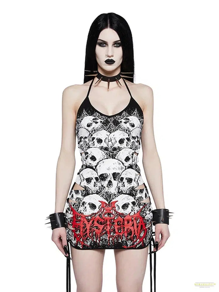 Goth Dark Goth Skull Print Dress Women Streetwear Punk Hollow Out High Waist Halter Bodycon Dress Harajuku Y2k Clubwear Femme