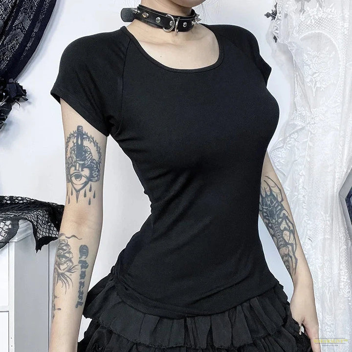 Goth Dark Gothic Fashion Backless Sheer Printed T-Shirt Women O-neck Tees Streetwear Grunge Sexy Mesh T-shirts Slim Alt Tops Y2K