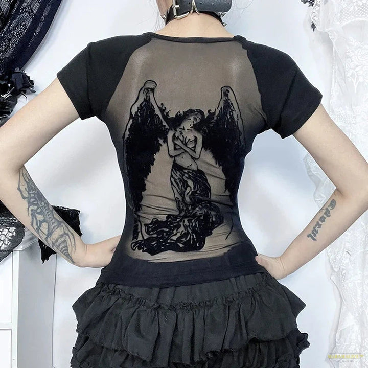 Goth Dark Gothic Fashion Backless Sheer Printed T-Shirt Women O-neck Tees Streetwear Grunge Sexy Mesh T-shirts Slim Alt Tops Y2K