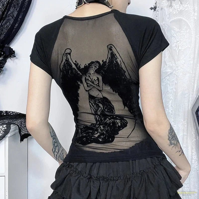 Goth Dark Gothic Fashion Backless Sheer Printed T-Shirt Women O-neck Tees Streetwear Grunge Sexy Mesh T-shirts Slim Alt Tops Y2K