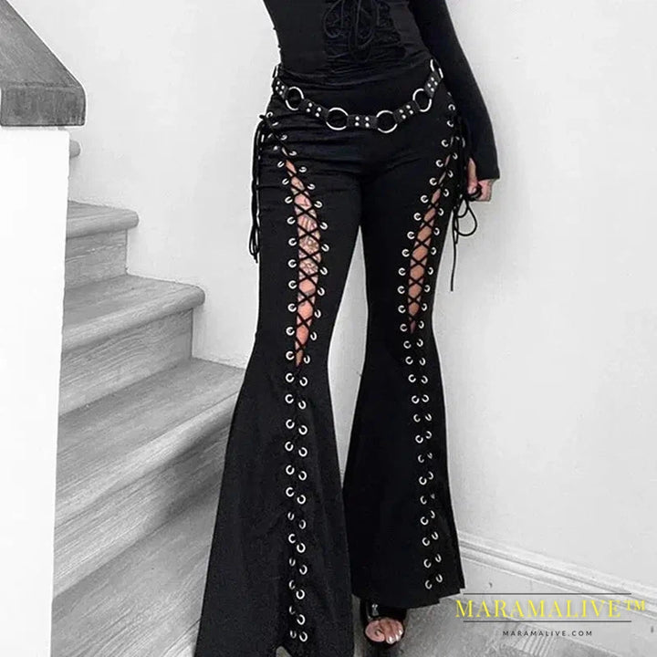 Goth Dark Grunge Streetwear Black Bandage Trousers Cyber Gothic Punk Hollow Out Flare Pants Women Emo High Waist Sexy Alt Bottom