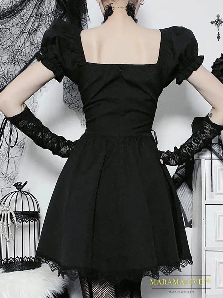 Goth Dark Lolita Mall Gothic A-line Mini Dresses Grunge Style Black Bandage Corset Dress Women Emo Embroidery Alt Clothes