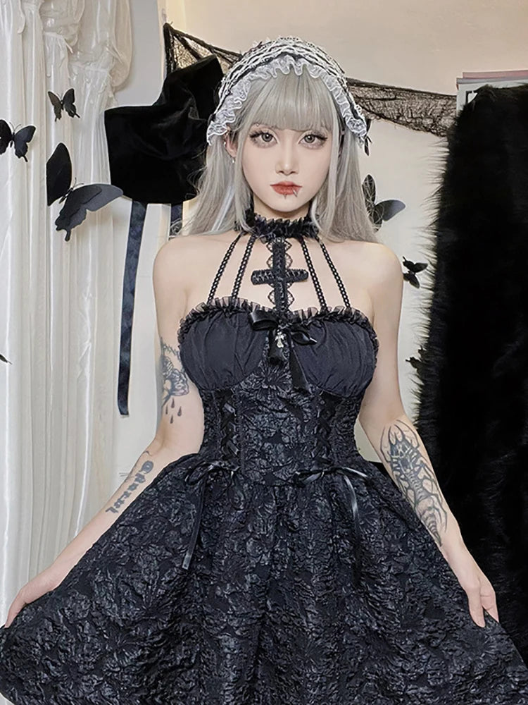 Goth Dark Mall Gothic Emo Jacquard A-line Dresses Elegant Grunge Ruched Bandage Partywear Punk Black Women Halloween Club Dress