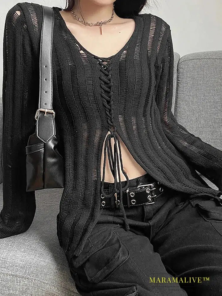 Goth Dark Mall Gothic See Through Bandage Blouse Grunge Black Casual Sexy Knitwear T-shirt Y2k Long Sleeve Streetwear Women Tops