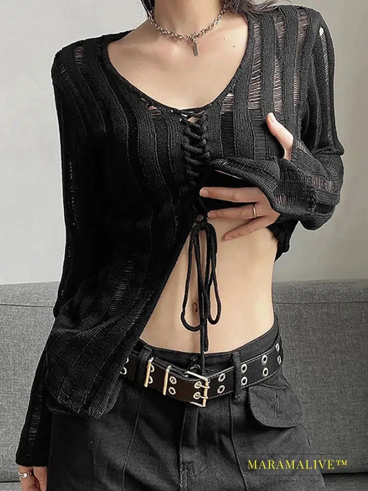 Goth Dark Mall Gothic See Through Bandage Blouse Grunge Black Casual Sexy Knitwear T-shirt Y2k Long Sleeve Streetwear Women Tops