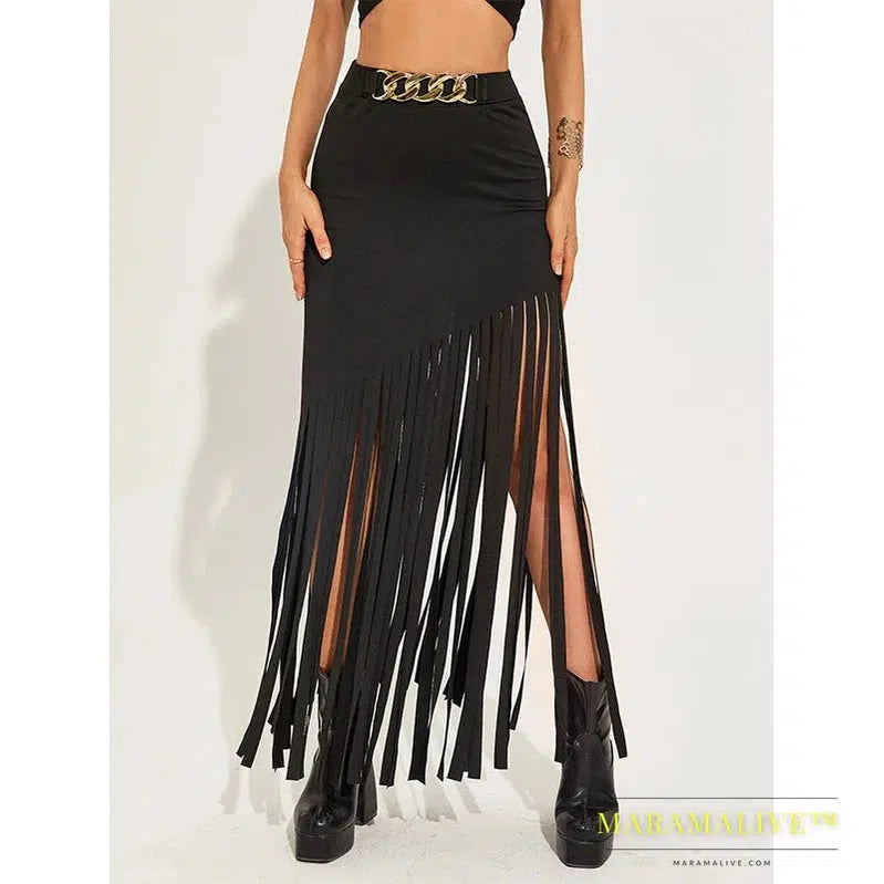 Goth Dark Tassel Punk Style Sexy Women Maxi Skirts Mall Gothic Grunge High Waist Long Skirt With Ring Belt Black Club Streetwear