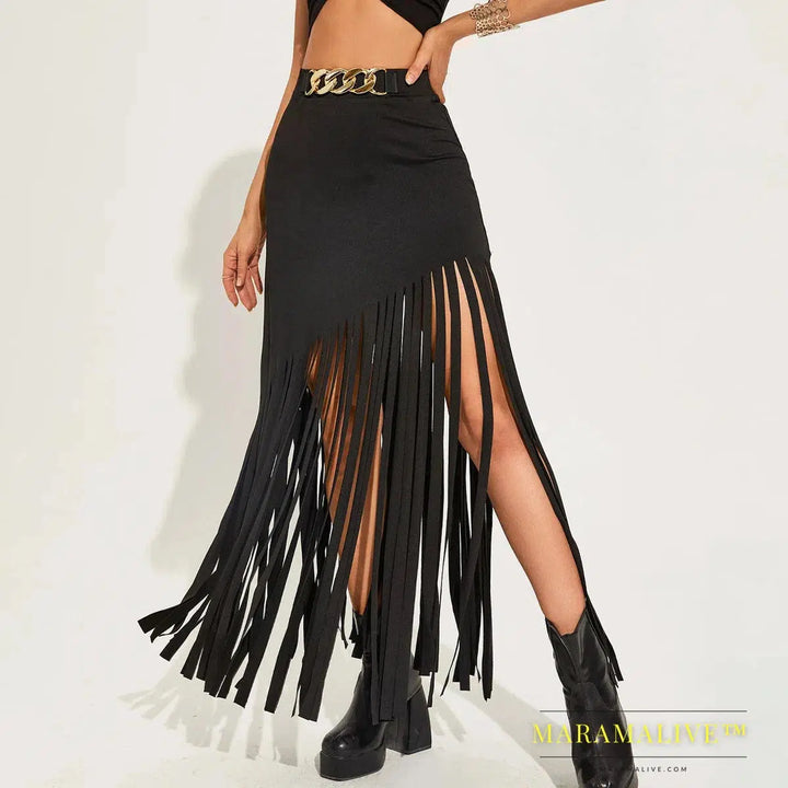 Goth Dark Tassel Punk Style Sexy Women Maxi Skirts Mall Gothic Grunge High Waist Long Skirt With Ring Belt Black Club Streetwear