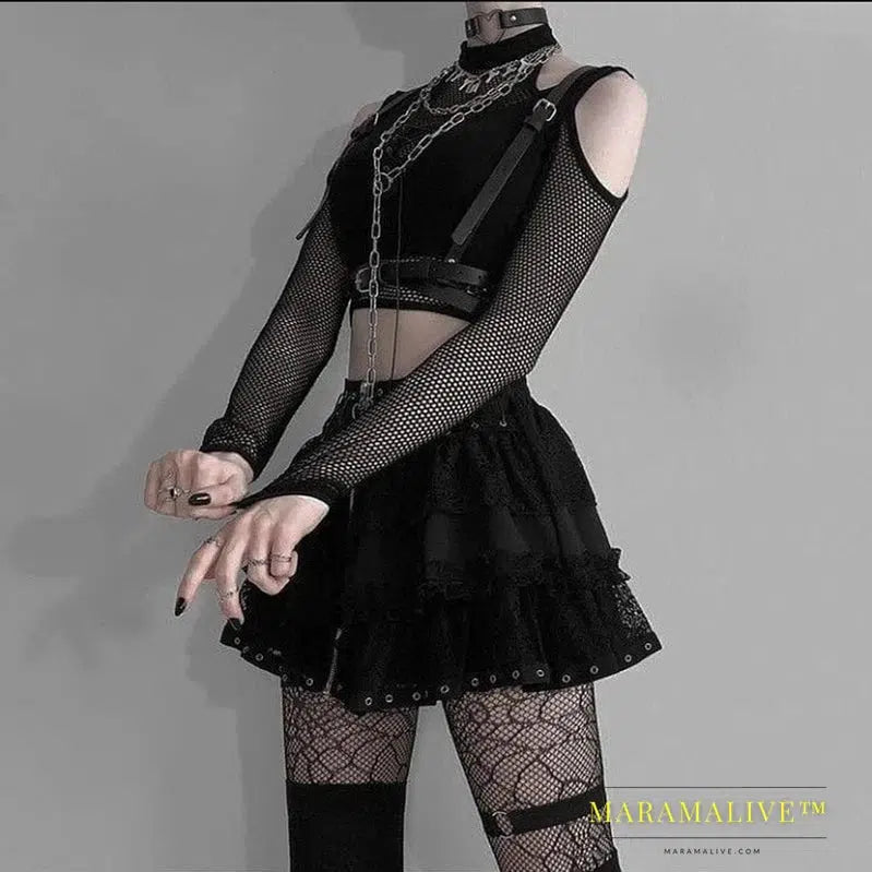 Goth Dark Techwear Fishnet Open Shoulder Halter T-shirts Mall Gothic Grunge Black Bandage Crop Tops Women Punk Sexy Alt Clothing