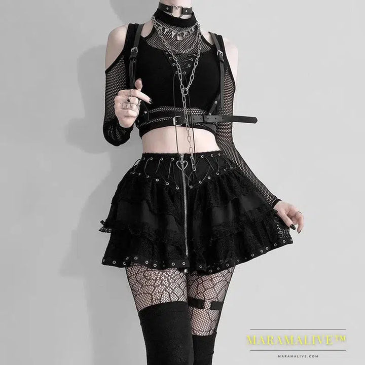 Goth Dark Techwear Fishnet Open Shoulder Halter T-shirts Mall Gothic Grunge Black Bandage Crop Tops Women Punk Sexy Alt Clothing