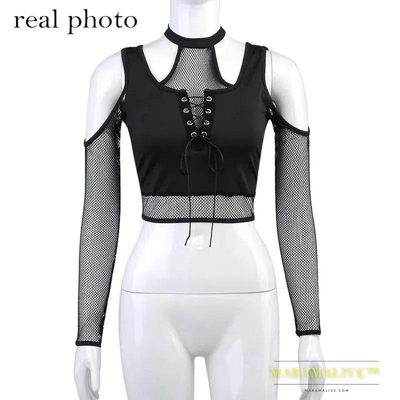 Goth Dark Techwear Fishnet Open Shoulder Halter T-shirts Mall Gothic Grunge Black Bandage Crop Tops Women Punk Sexy Alt Clothing