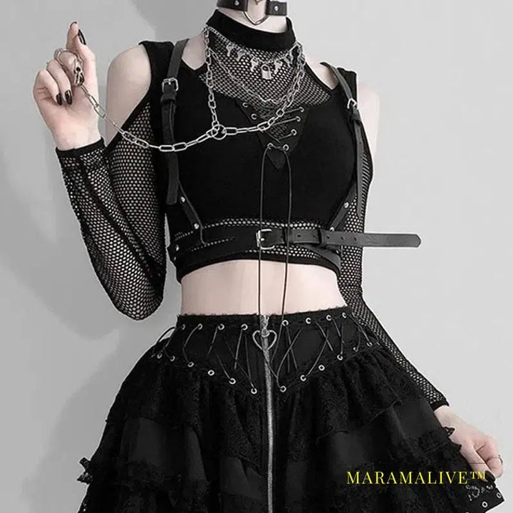 Goth Dark Techwear Fishnet Open Shoulder Halter T-shirts Mall Gothic Grunge Black Bandage Crop Tops Women Punk Sexy Alt Clothing