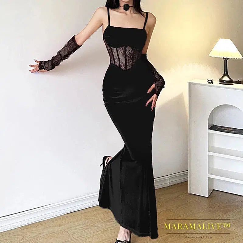 Goth Dark Velvet Y2k Ruched Elegant Corset Dresses Gothic Lace Patches Sheer Sling Party Dress Red Black Ladies Backless Clothes