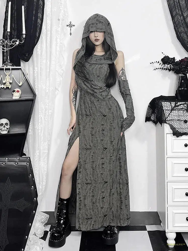 Goth Desert Punk Midi Dress Women Mall Goth Streetwear Harajuku Y2k E-girl Cyber Hooded Dress Vintage Hipster Casual Dress