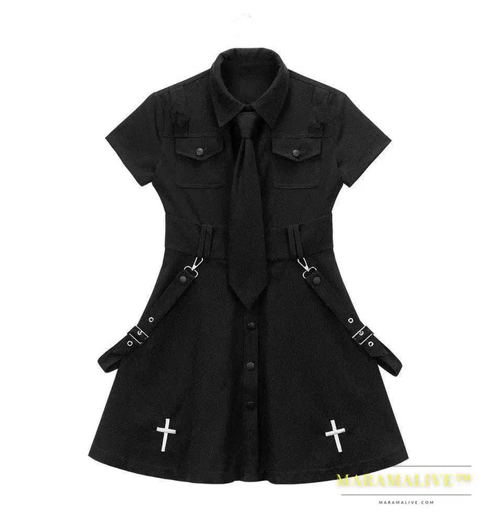 Goth Dress Punk Gothic Summer Black Mini Dress Shirt Women 2024 Short Sleeve Emo Clothes Mall Goth Dark Academia