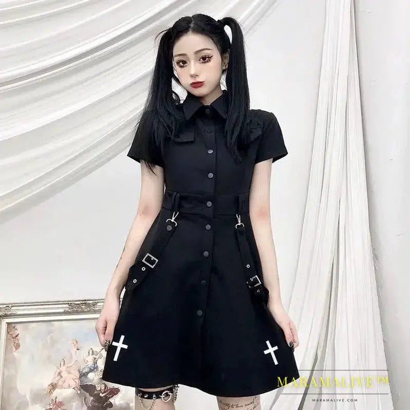 Goth Dress Punk Gothic Summer Black Mini Dress Shirt Women 2024 Short Sleeve Emo Clothes Mall Goth Dark Academia