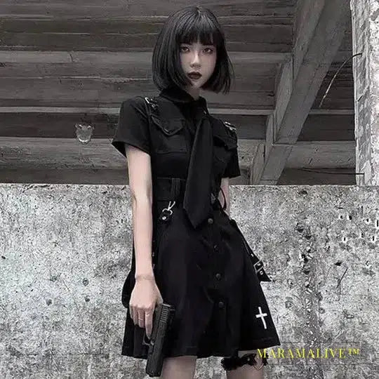 Goth Dress Punk Gothic Summer Black Mini Dress Shirt Women 2024 Short Sleeve Emo Clothes Mall Goth Dark Academia