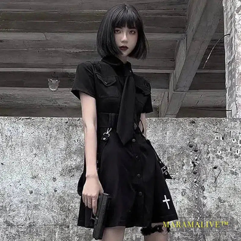 Goth Dress Punk Gothic Summer Black Mini Dress Shirt Women 2024 Short Sleeve Emo Clothes Mall Goth Dark Academia