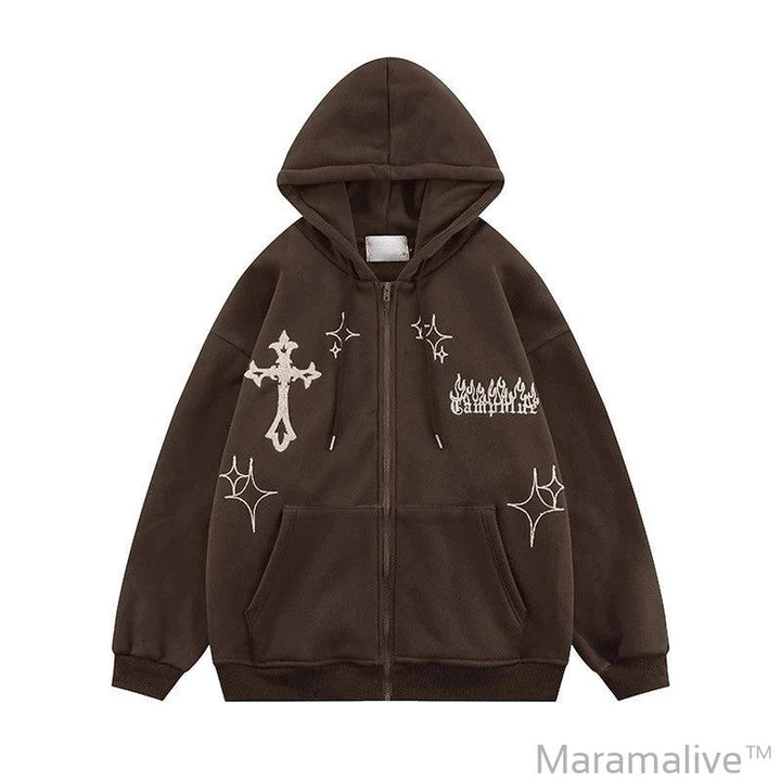 Goth Embroidery Hoodies Women High Street Retro Hip Hop Zip Up Hoodie Loose Casual Sweatshirt Hoodie Clothes Y2k Tops