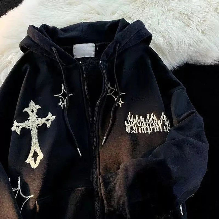 Goth Embroidery Hoodies Women High Street Retro Hip Hop Zip Up Hoodie Loose Casual Sweatshirt Hoodie Clothes Y2k Tops