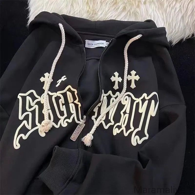 Goth Embroidery Hoodies Women High Street Retro Hip Hop Zip Up Hoodie Loose Man Sweatshirt Hoodie Clothes Y2K Hoodie