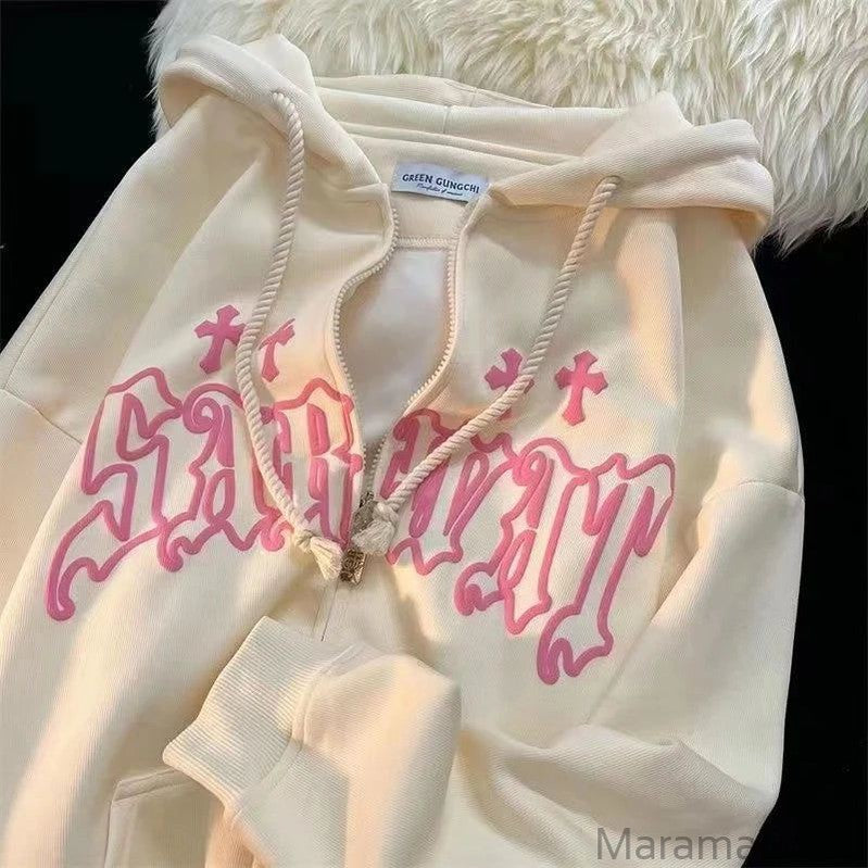 Goth Embroidery Hoodies Women High Street Retro Hip Hop Zip Up Hoodie Loose Man Sweatshirt Hoodie Clothes Y2K Hoodie