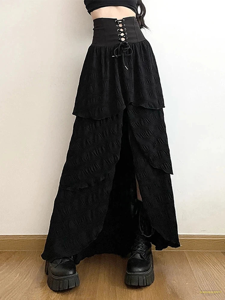 Goth Emo Alternative Gothic Cake Skirt Women Streetwear Harajuku High Waist Lace-up Corset Midi Skirt Y2k Cyber Punk Clubwear