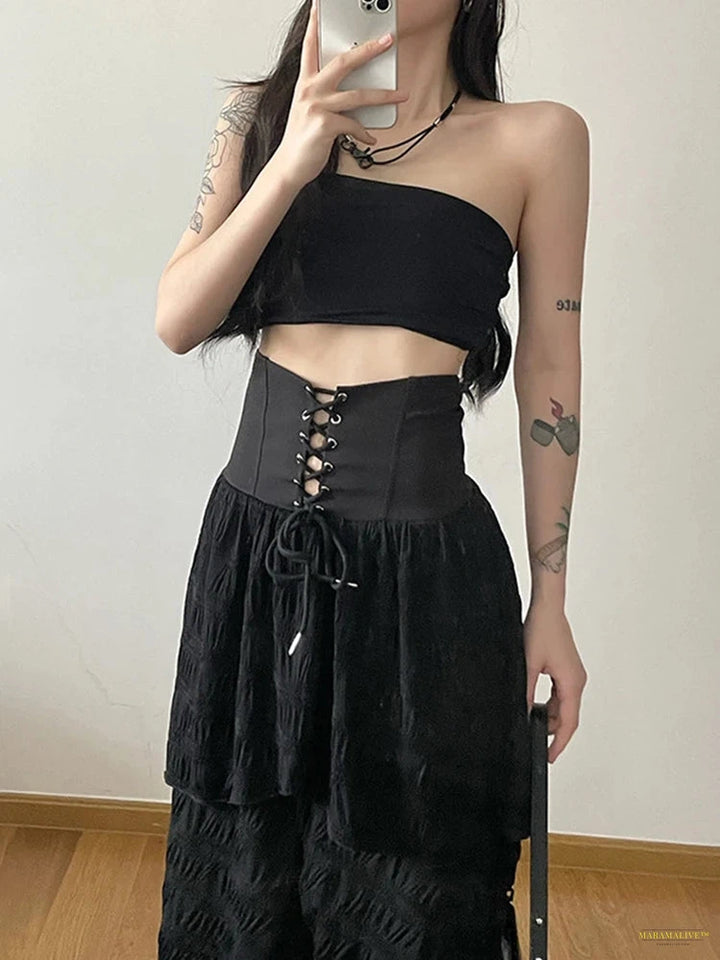 Goth Emo Alternative Gothic Cake Skirt Women Streetwear Harajuku High Waist Lace-up Corset Midi Skirt Y2k Cyber Punk Clubwear