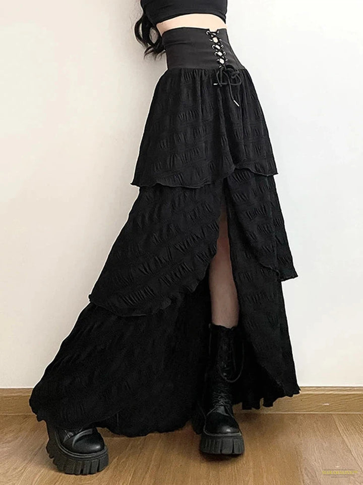 Goth Emo Alternative Gothic Cake Skirt Women Streetwear Harajuku High Waist Lace-up Corset Midi Skirt Y2k Cyber Punk Clubwear