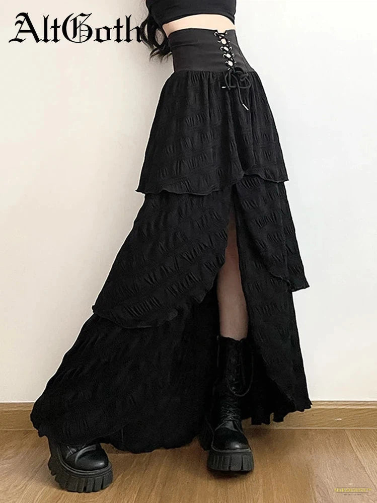 Goth Emo Alternative Gothic Cake Skirt Women Streetwear Harajuku High Waist Lace-up Corset Midi Skirt Y2k Cyber Punk Clubwear