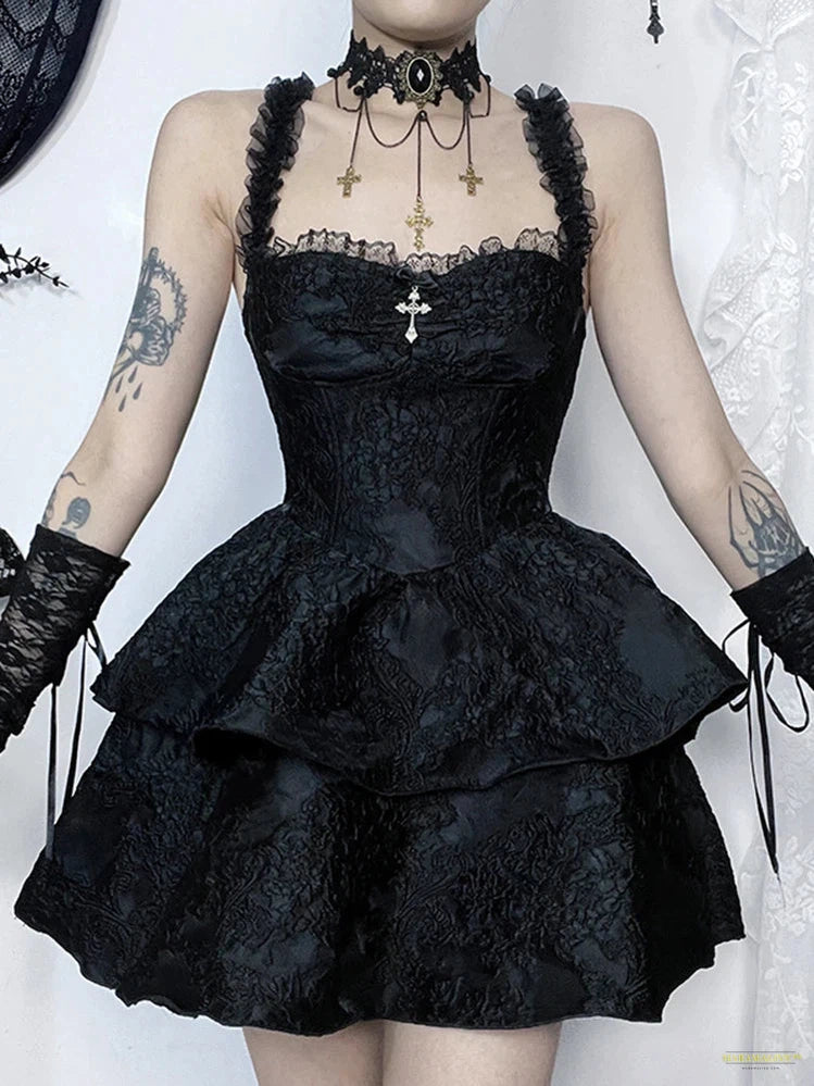 Goth Fairy Goth Princess Dress Women Aesthetic Lace Spaghetti Strap High Waist Corset Jacquard Double Layer Cake Dress female