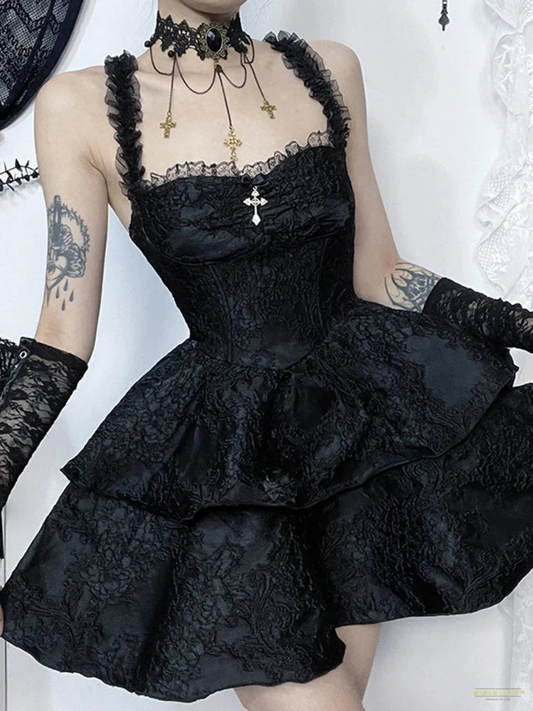 Goth Fairy Goth Princess Dress Women Aesthetic Lace Spaghetti Strap High Waist Corset Jacquard Double Layer Cake Dress female