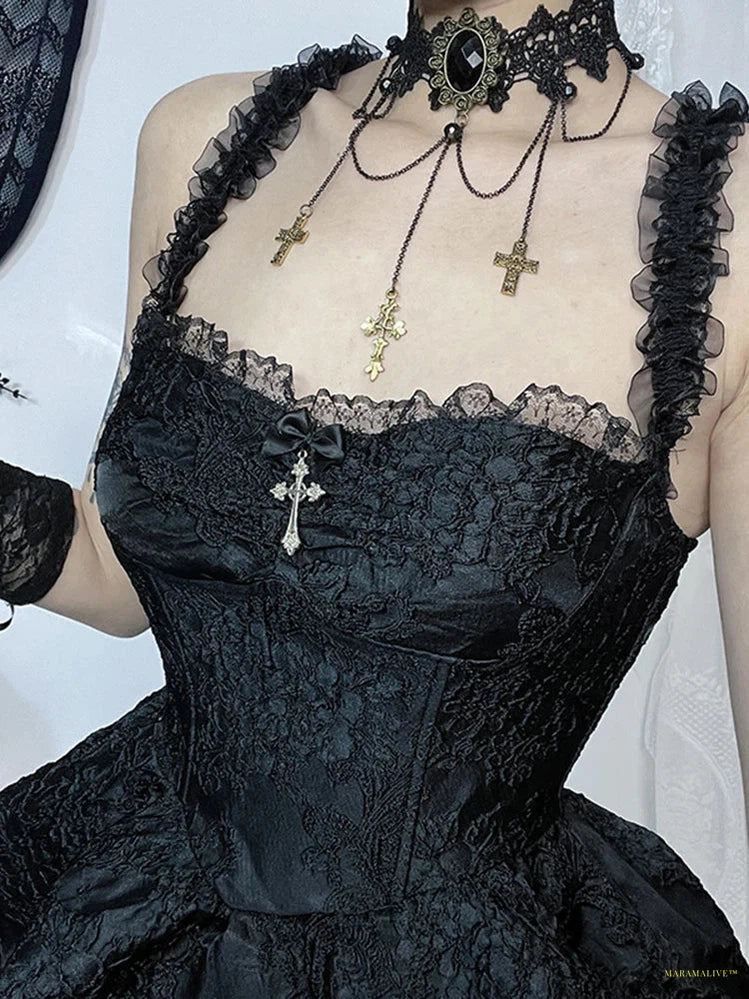 Goth Fairy Goth Princess Dress Women Aesthetic Lace Spaghetti Strap High Waist Corset Jacquard Double Layer Cake Dress female