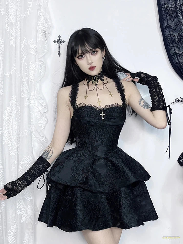 Goth Fairy Goth Princess Dress Women Aesthetic Lace Spaghetti Strap High Waist Corset Jacquard Double Layer Cake Dress female