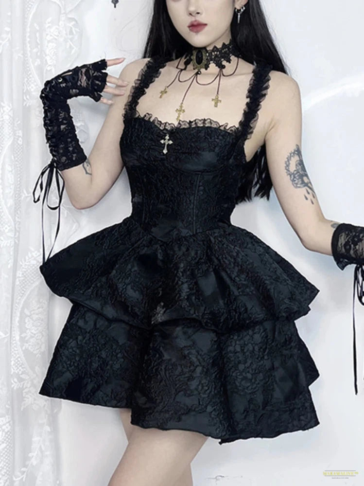 Goth Fairy Goth Princess Dress Women Aesthetic Lace Spaghetti Strap High Waist Corset Jacquard Double Layer Cake Dress female