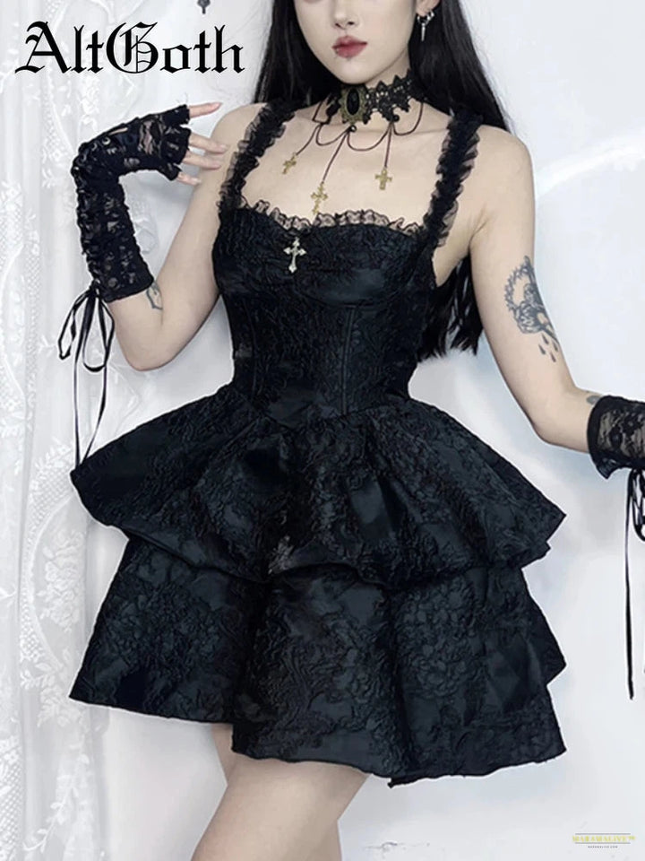 Goth Fairy Goth Princess Dress Women Aesthetic Lace Spaghetti Strap High Waist Corset Jacquard Double Layer Cake Dress female