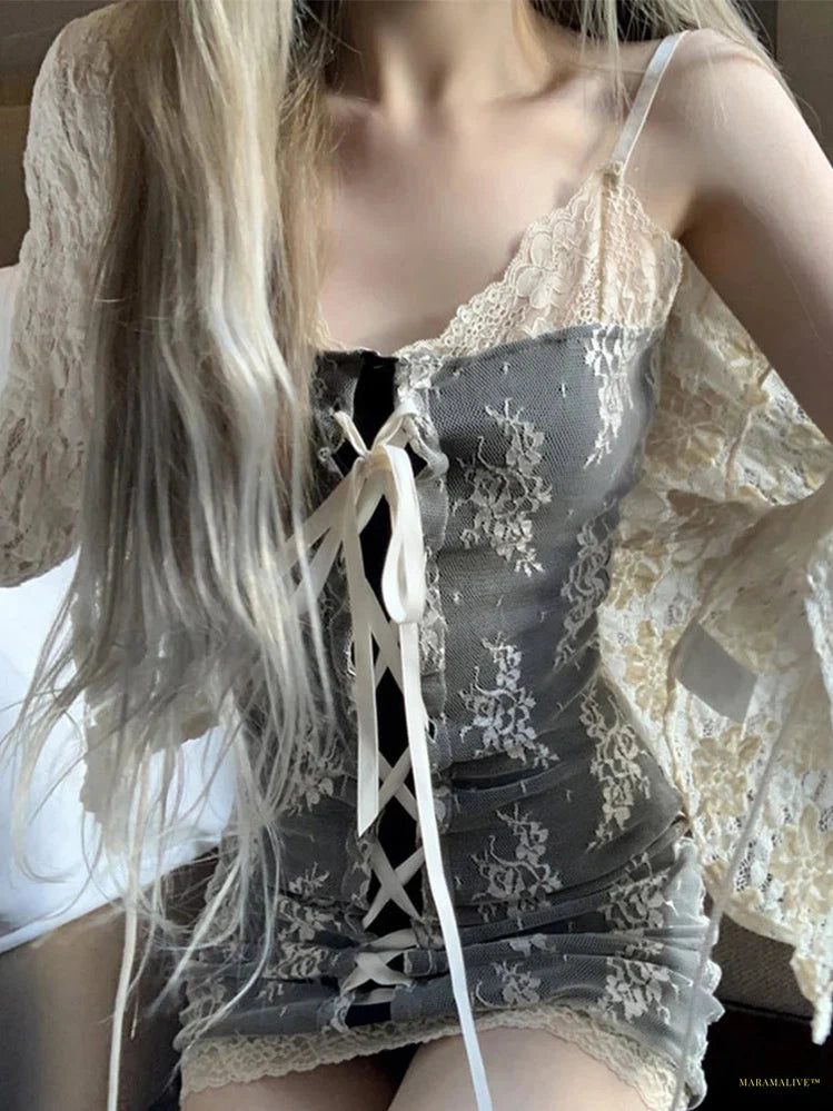 Goth Fairycore Elegant Lace Dress Women Pastel Goth Y2k Streetwear Spaghetti Strap Lace-up High Waist Corset Dress Partywear