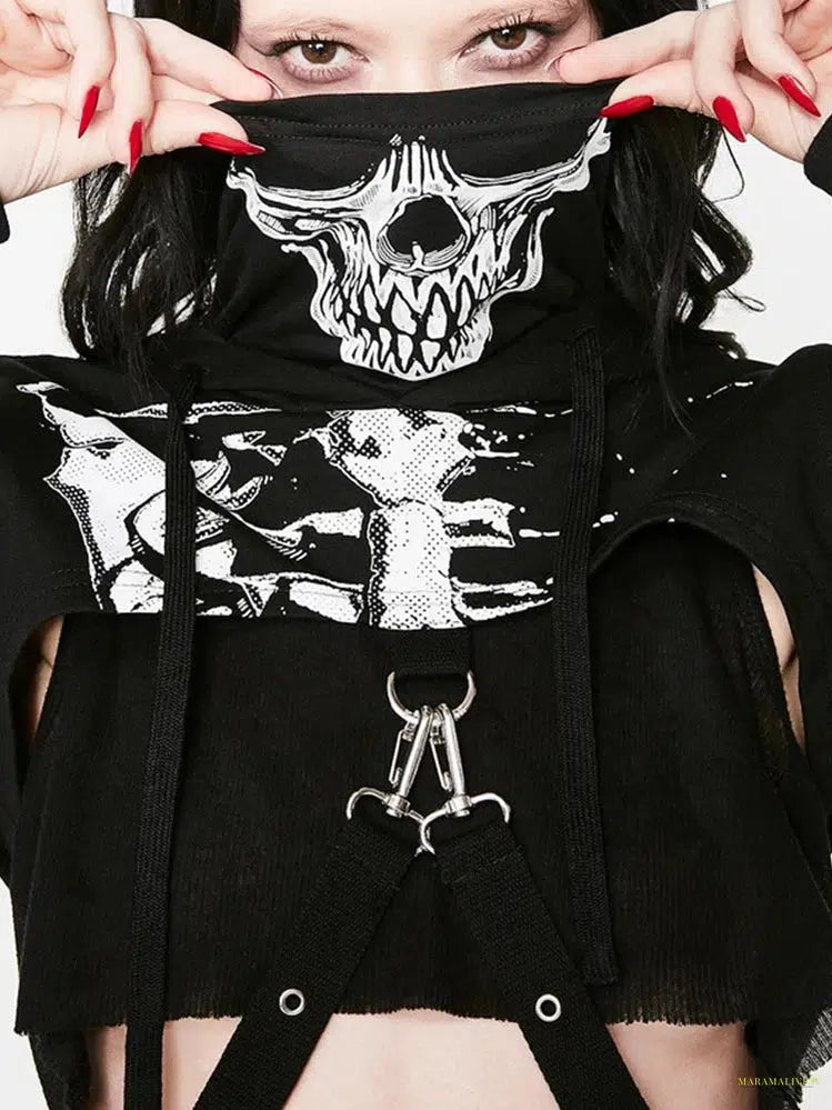 Goth Harajuku Gothic Sweatshirt Women Vintage Punk Streetwear Mall Goth Y2k Emo Alt Skull Printed with Mask Hooded Pullover