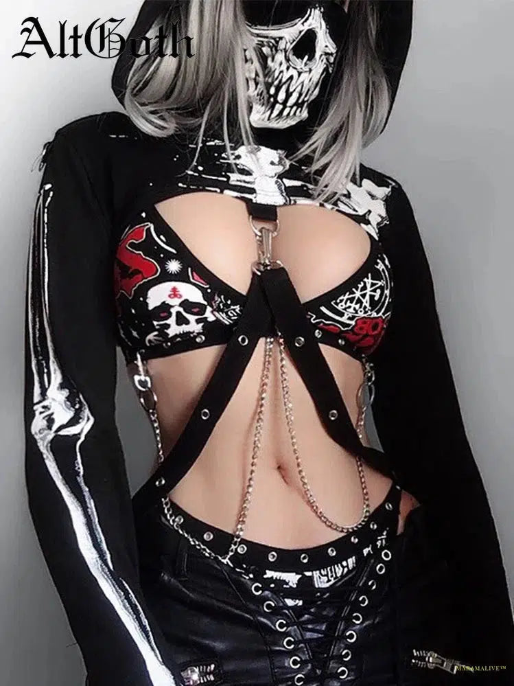 Goth Harajuku Gothic Sweatshirt Women Vintage Punk Streetwear Mall Goth Y2k Emo Alt Skull Printed with Mask Hooded Pullover