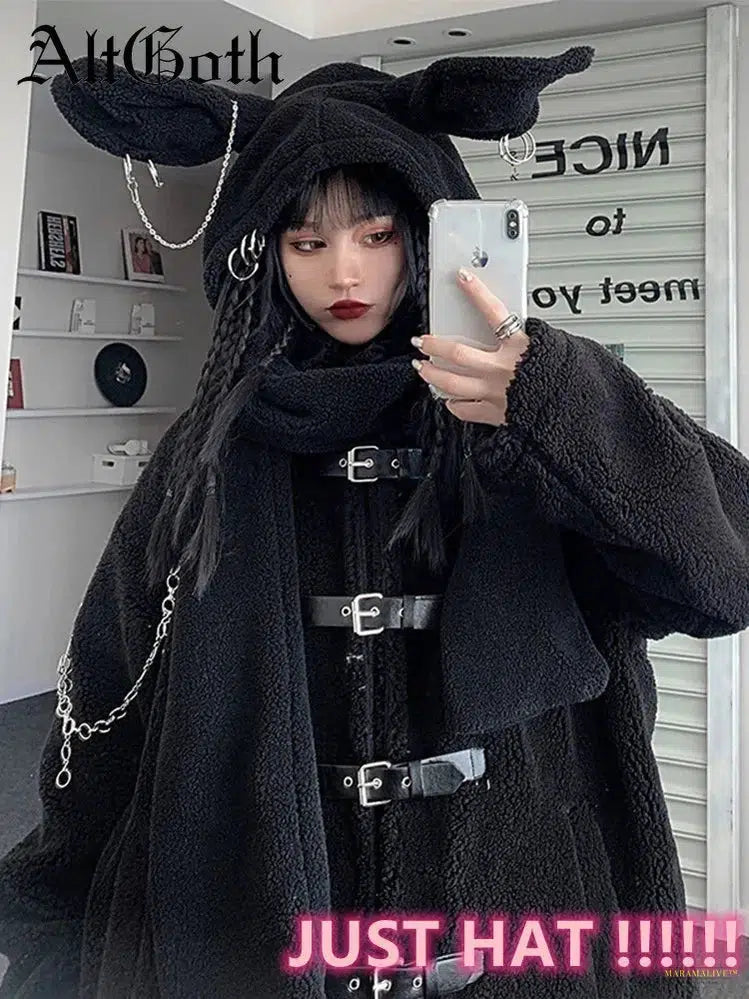 Goth Harajuku Y2k Neckerchief Women Vintage Mall Goth Grunge Cute Rabbit Cap Scarf Streetwear with Chain Emo Alt Wrap Female