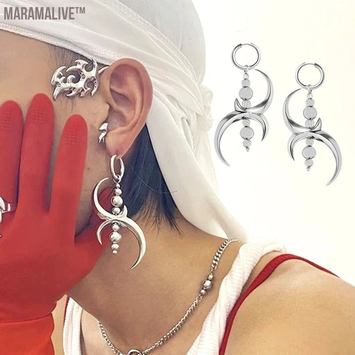 Goth Jewelry Irregular Blade Rivet Earrings Grunge Rock Accessories Korean Charms Moon Bead Earrings Punk Earrings Aesthetic