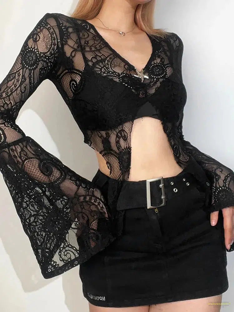 Goth Lace T-shirt Women Aesthetic Sexy See Through V-neck Flare Sleeve Crop Tee Tops Emo Alternative Indie Clothes