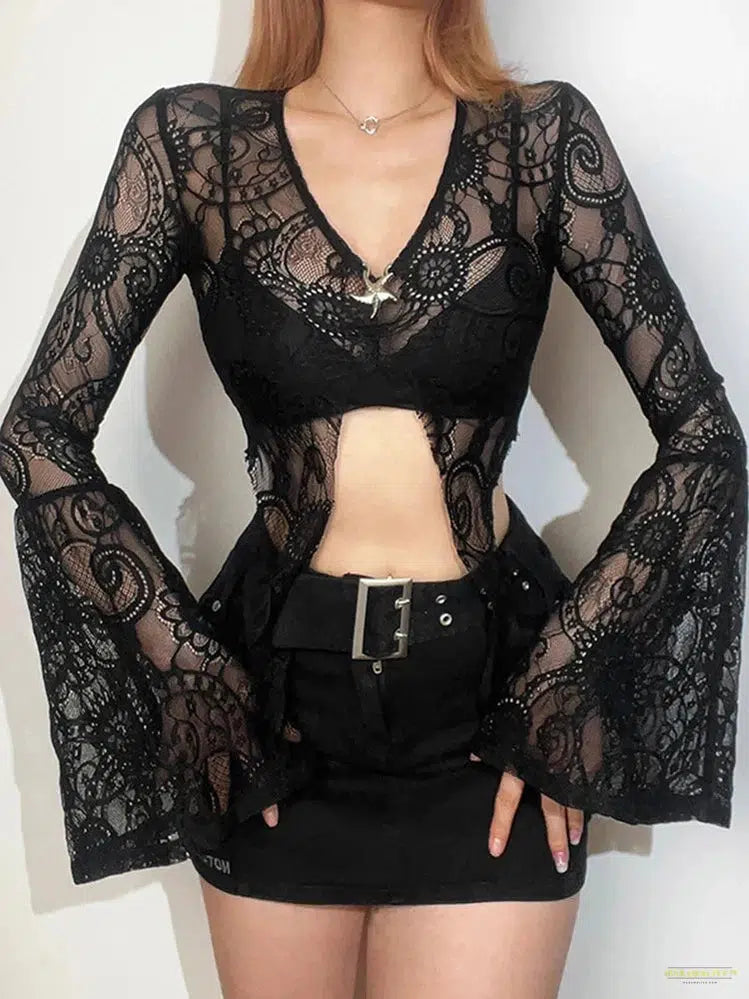 Goth Lace T-shirt Women Aesthetic Sexy See Through V-neck Flare Sleeve Crop Tee Tops Emo Alternative Indie Clothes