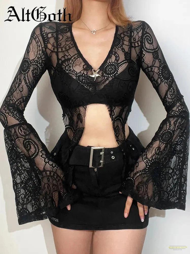 Goth Lace T-shirt Women Aesthetic Sexy See Through V-neck Flare Sleeve Crop Tee Tops Emo Alternative Indie Clothes