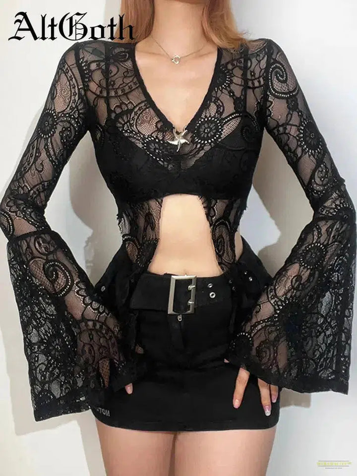 Goth Lace T-shirt Women Aesthetic Sexy See Through V-neck Flare Sleeve Crop Tee Tops Emo Alternative Indie Clothes