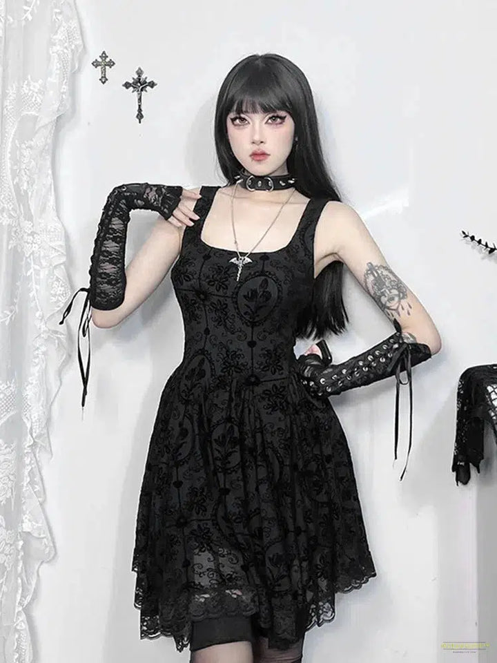 Goth Mall Goth A-line Dress Women Aesthetic Fairycore Grunge Streetwear Y2k E-girl Lace Patchwork High Waist Irregular Dress