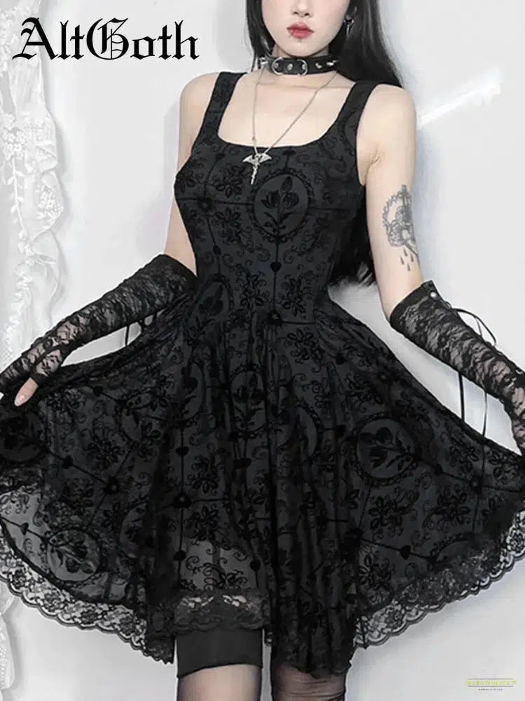 Goth Mall Goth A-line Dress Women Aesthetic Fairycore Grunge Streetwear Y2k E-girl Lace Patchwork High Waist Irregular Dress