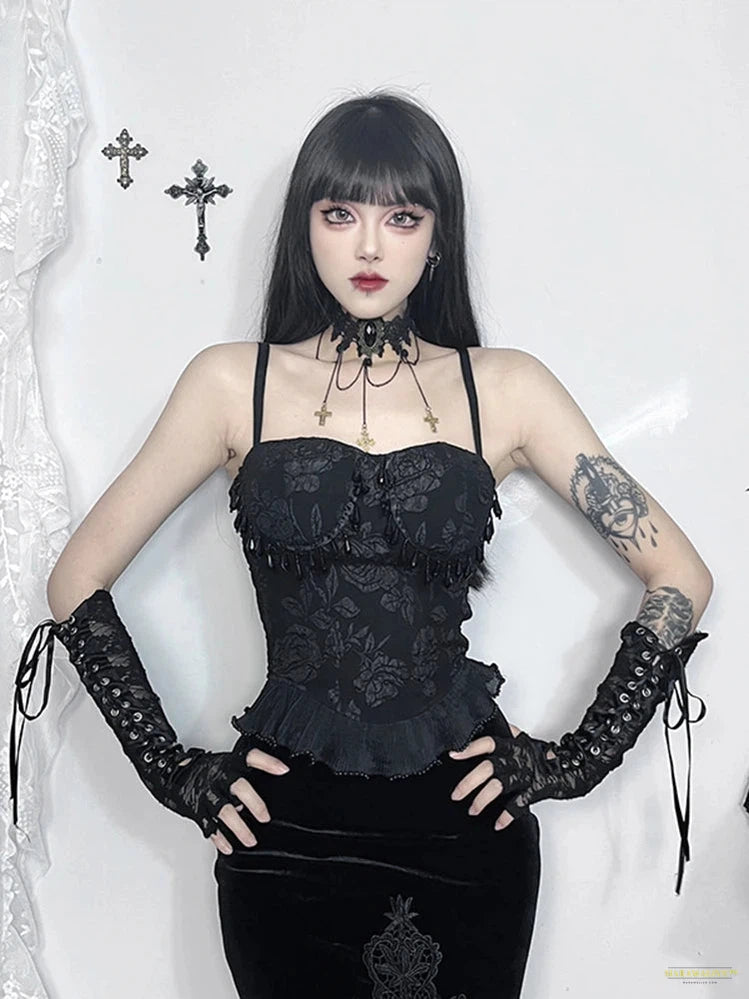 Goth Mall Goth Jacquard Camis Women Aesthetic Fairy Grunge Beads Edible Tree Fungus Crop Tank Top Y2k Harajuku Indie Clothes