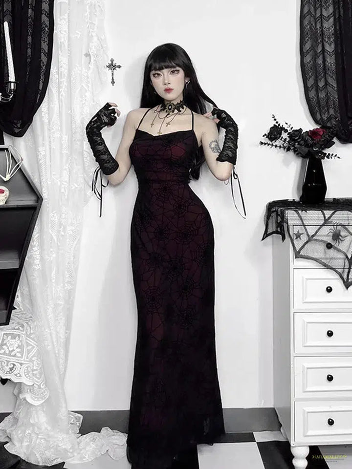 Goth Mall Goth Spider Web Dress Women Vintage Dark Coquette Spaghetti Strap High Waist Party Dress Y2k Emo Alt Indie Outfits