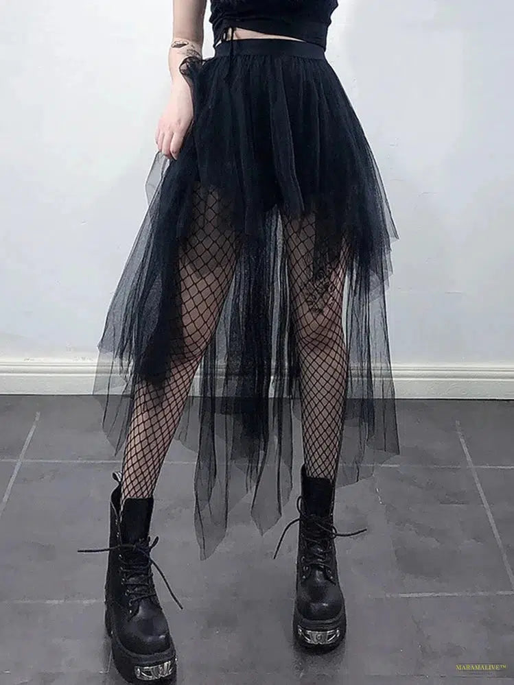 Goth Mall Gothic Mesh Skirt Women Fairy Grunge Harajuku Punk High Waist Irregular Skirt Emo Alternative Fairycore Skirt Femme